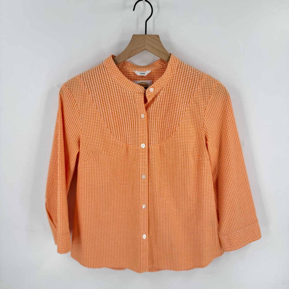 90s Vintage Talbots Button Down Orange Small Gingham Plaid Stretch Cotton Top
